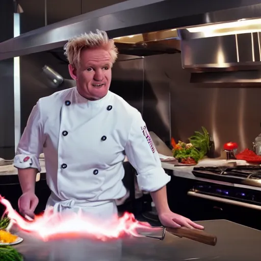 Image similar to hyper real Gordon Ramsey cooking a unicorn in kitchen 4k