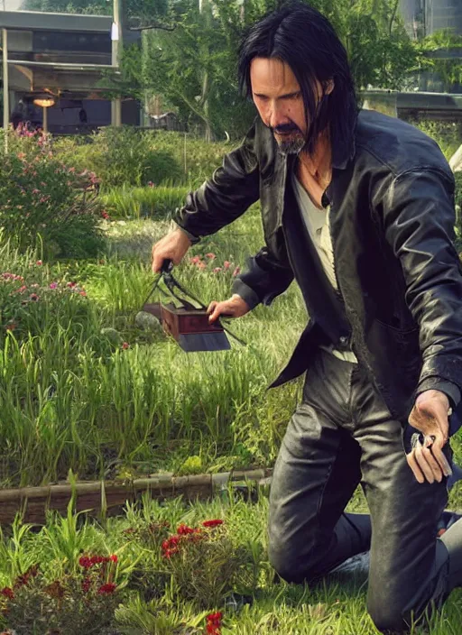 Image similar to wake up samurai we have a community to feed, solarpunk keanu reeves driving a tractor, cyberpunk 2 0 7 7, solarpunk, lots of plants, gardening, permaculture, anarchy, realistic, ultra detailed