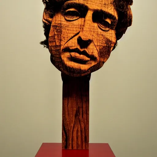 Prompt: accurate portrait of a bob dylan, symmetrical face, carved out of red oak wood on a pedestal art by stephan balkenhol, dramatic lighting, artsy, 8 k