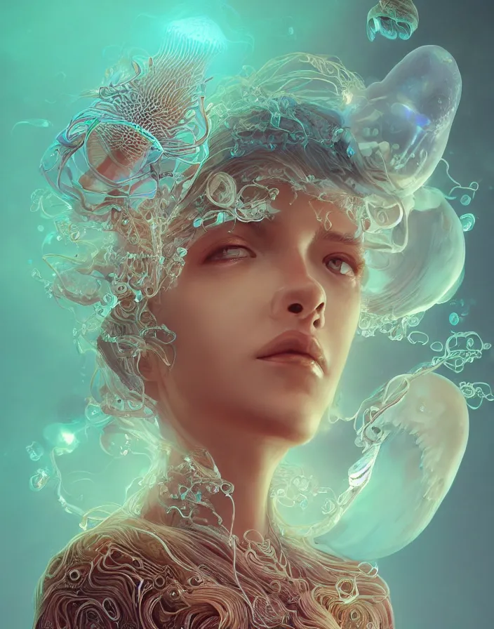 Image similar to goddess portrait. jellyfish orchid phoenix head. intricate artwork by Tooth Wu and wlop and beeple and dan mumford. octane render, trending on artstation, greg rutkowski very coherent symmetrical artwork. cinematic, hyper realism, high detail, octane render, 8k, depth of field, bokeh