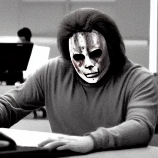 Prompt: Michael Myers learns to code. Movie still, realistic, grainy.