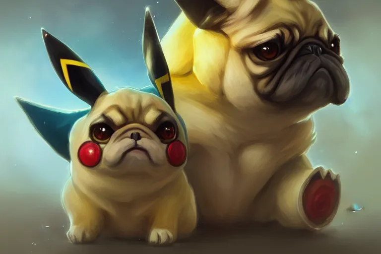 Image similar to photography of pikachu pug, deep focus, d & d, intricate, elegant, highly detailed, digital painting, artstation, concept art, matte, sharp focus, illustration, hearthstone, art by artgerm and greg rutkowski and alphonse mucha