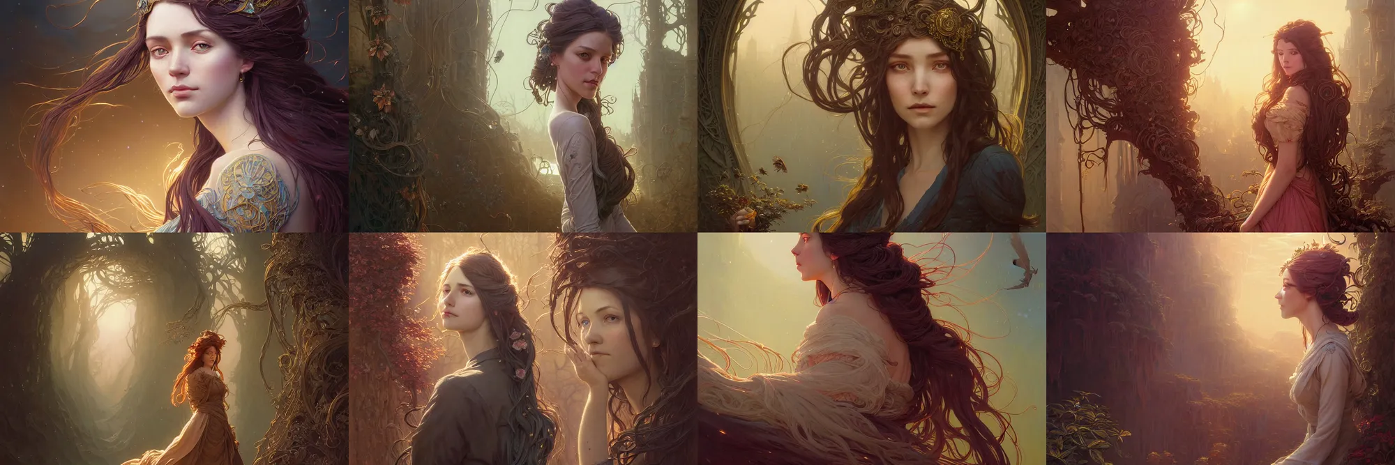 Image similar to highly detailed portrait of a woman with long hairs, stephen bliss, unreal engine, fantasy art by greg rutkowski, art nouveau, loish, rhads, ferdinand knab, makoto shinkai and lois van baarle, ilya kuvshinov, rossdraws, tom bagshaw, alphonse mucha, global illumination, radiant light, detailed and intricate environment