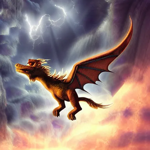 Prompt: falcor the luck dragon in the neverending story flying bravely through the nothing epic storm. digital art, volumetric lighting. fantasy award winning artwork