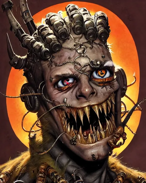 Prompt: junkrat from overwatch, heavey metal magazine cover, character portrait, portrait, close up, concept art, intricate details, highly detailed, in the style of frank frazetta, r. giger, esteban maroto, richard corben, pepe moreno, matt howarth, stefano tamburini, tanino liberatore, luis royo and alex ebel