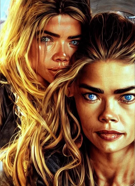 Prompt: portrait of a 25 year old Denise Richards as a mechanic character in Mad Max, looking at camera, intricate, dystopian, sci-fi, extremely detailed, digital painting, artstation, concept art, smooth, sharp focus, illustration, soft lighting, incredible art by artgerm and greg rutkowski and alphonse mucha and simon stalenhag