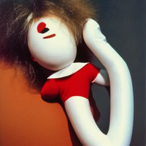 Image similar to 1976 woman wearing a long prosthetic snout nose and nostril, soft color wearing a leotard 1976 holding a smiley inflatable hand puppet color film 16mm Almodovar John Waters Russ Meyer Doris Wishman old photo