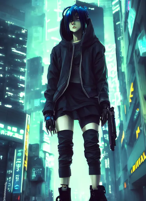 Image similar to cyberpunk anime girl in hoodie, grafity, neonpunk, alita, arcane, fortiche, action, tokyo street, detail, good face, pose model, concept art, in style of yoji shinkawa, pan ren wei, col price, atey ghailan, by greg rutkowski, aesthetic