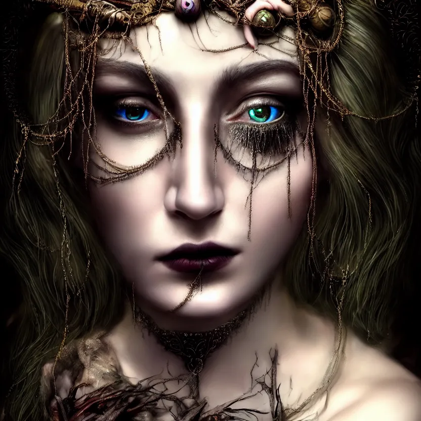 Image similar to mindblowing portrait of the enchantress queen, a stunning timeless beauty, breathtaking eyes, perfect skin, feathered eyelashes, royal gothic dress with a lot of leather, heavy silent hill aesthetic, incredibly intricate, digital art, blender, houdini & photoshop, very elegant & complex, hyper-maximalist, overdetailed, epic cinematic quality, biblical art lighting, photorealistic, lifelike, OLED, DSLR HDR 8k, face is the focus, facial feature symmetry, hyper composed, created by Nixeu & z--ed from deviantart