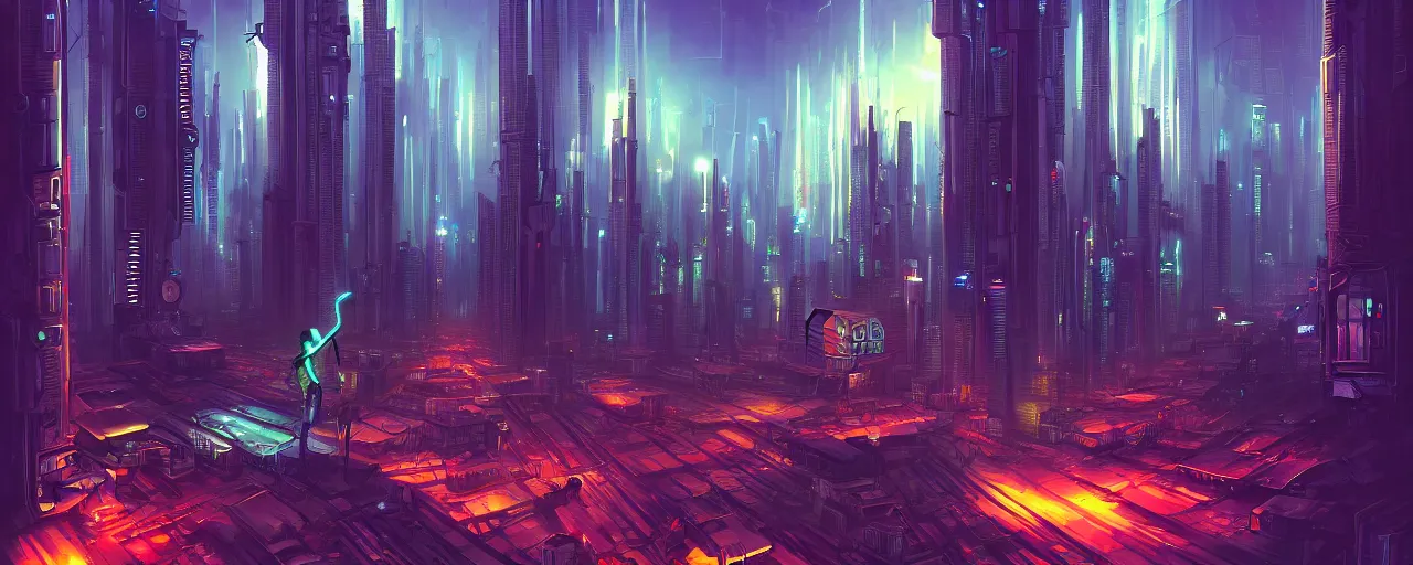 Image similar to A cyberpunk cityscape in the jungle, by Cyril Rolando, landscape, dramatic lighting, high contrast colors, panoramic view, as trending on Artstation, highly detailed,