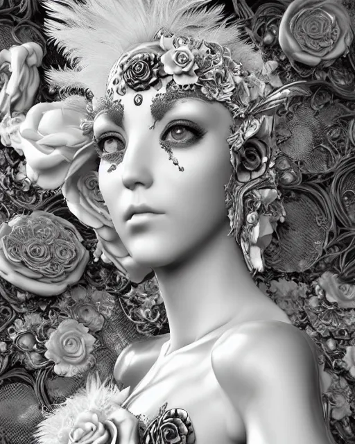 Image similar to bw dreamy close - up profile face, beautiful young porcelain intricate steampunk bio - mechanical vegetal - dragon - cyborg - female, white roses ornate metallic armour, white fluffy feathers, fine mandelbrot fractal lace, 1 5 0 mm, soft rim light, elegant, hyper real, ultra detailed, octane render, hg giger, 1 6 k