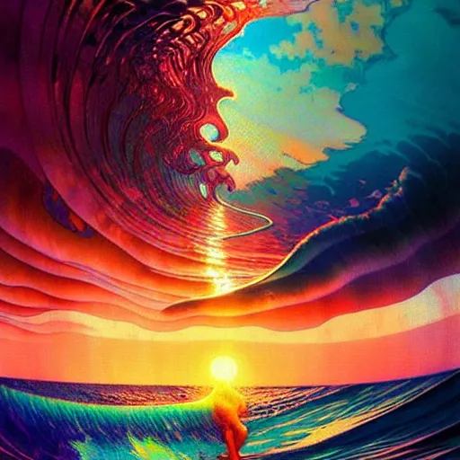 Image similar to ocean wave around giant psychedelic mushroom, lsd water, dmt waves, backlit, sunset, refracted lighting, art by collier, albert aublet, krenz cushart, artem demura, alphonse mucha