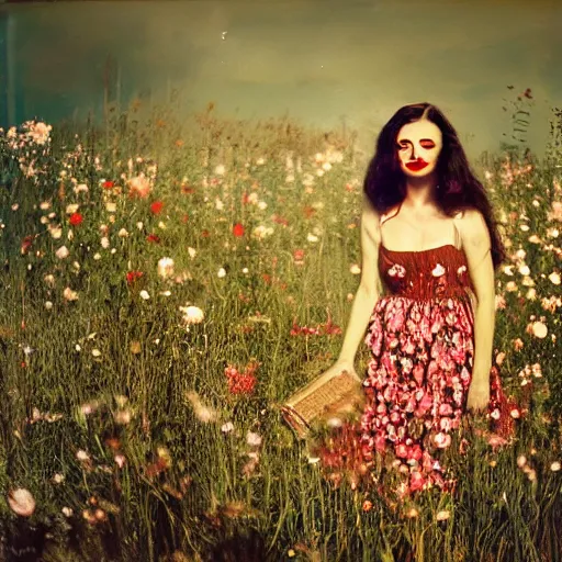 Prompt: pinhole lens photograph of a woman with red lipstick wearing and long brown hair wearing a floral sleeveless strappy sundress holding a suitcase while running through a field of grass and flowers at dusk, hyper realistic, insanely detailed, hdr, tintype, deckle edge, motion blur, by francesca woodman