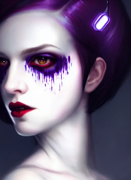 Image similar to portrait of naturally pale goth girl, red irises, black hair, white bangs, purple lipstick, intricate, elegant, glowing lights, highly detailed, digital painting, artstation, concept art, smooth, sharp focus, illustration, art by wlop, mars ravelo and greg rutkowski