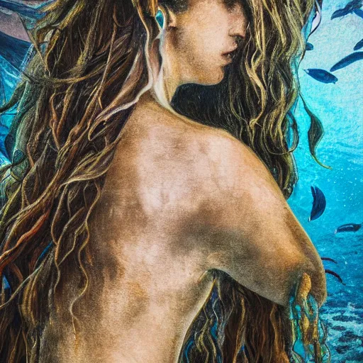 Prompt: mermaid in tears, looking at the aquarium, back side photography, closeup