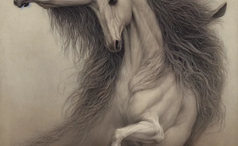 Image similar to horse rabbit hybrid character portrait by jean delville, tom bagshaw, brooke shaden, gustave dore and marco mazzoni, studio ghibli style, high fantasy, detailed fur, intricate details