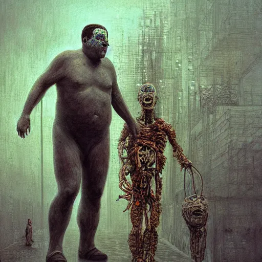 Image similar to paul blart as human segway hybrid, highly detailed, environment art, body horror, biopunk, by zdzisław beksinski, peter gric, marco mazzoni