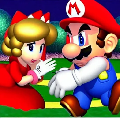 Prompt: “Mario proposing marriage to Princess Peach, he is very nervous and the ring he holds is sparkling”