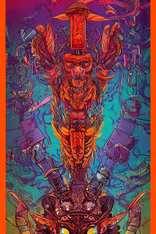 Image similar to totem animal tribal chaman vodoo mask feather gemstone plant wood rock video game illustration vivid color borderlands by josan gonzales and dan mumford radiating a glowing aura