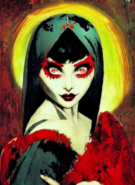 Image similar to svelt iranian korean vampiress, jeweled veil, strong line, saturated color, beautiful! coherent! by frank frazetta, high contrast, minimalism