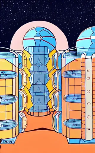 Image similar to a scifi illustration, hyper detailed external view of a lunar colony. cinematic wes anderson composition. flat colors, limited palette in FANTASTIC PLANET La planète sauvage animation by René Laloux