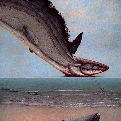 Image similar to decaying salmon on the beach, by beksinski.