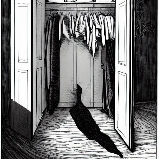 Prompt: an open wardrobe revealing the entrance to a fantastic world, storybook illustration, monochromatic