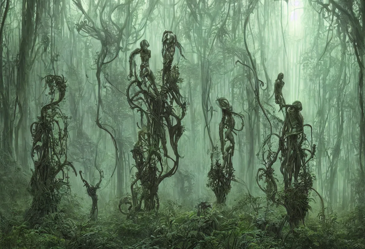 Prompt: humanoid figures made of plants having a seance in a beautiful bioluminescent forest, by daniel - by greg rutkowski and raymond swanland hr giger and zdzislaw beksinski and alphonse mucha and moebius, matte painting, hyperdetailed, symmetry, art nouveau, beautiful render, concept art