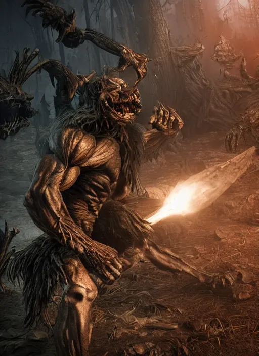 Prompt: a muscular werewolf fighting an endless army of skeletons, ultra detailed fantasy, elden ring, realistic, dnd, behance hd, artstation, global illumination radiating a glowing aura global illumination ray tracing hdr render in unreal engine 5
