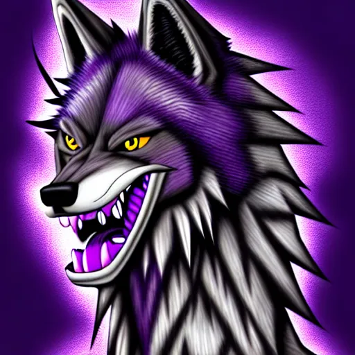 Image similar to anthropomorphic muscular purple wolf, generic furry style, wearing jeans, deviant art, professional furry drawing, insanely detailed, artistic design, hyper detailed wolf - like face, doing a pose from jojo's bizarre adventure, detailed veiny muscles, exaggerated features, beautiful shading, huge spikey teeth, grinning, detailed face