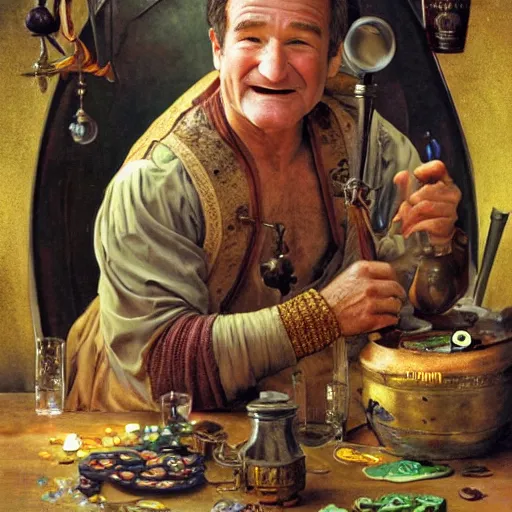 Image similar to an ultradetailed portrait of robin williams dressed as an alchemist, brewing potions in a workshop, d & d, fantasy, intricate, elegant, highly detailed, digital painting, matte, sharp focus, illustration, art by john collier and albert aublet and krenz cushart and artem demura and alphonse mucha