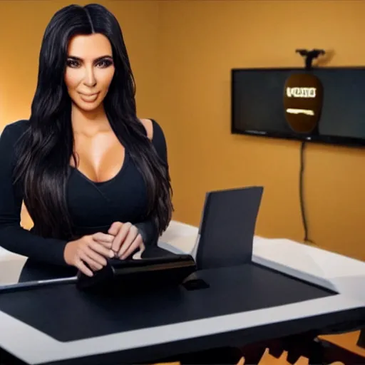 Prompt: still of kim kardashian as a twitch streamer, gaming room,