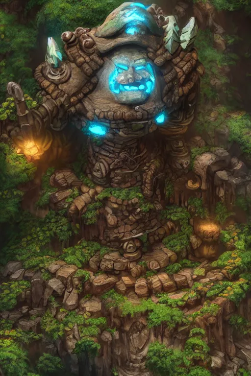 Image similar to zelda fantasy art giant golem troll wood rock greeble gemstone, global illumination ray tracing hdr fanart arstation by sung choi and eric pfeiffer and gabriel garza and casper konefal