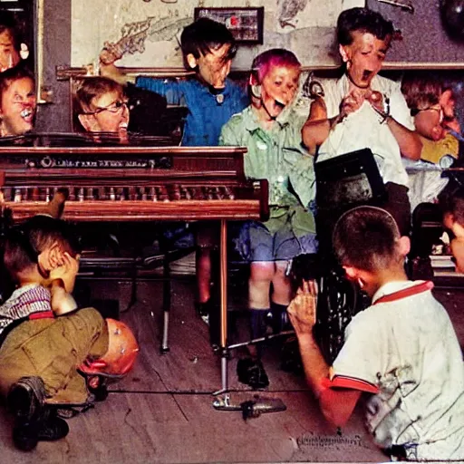 Prompt: A kid hitting pots in a mini concert with his friends, art by Norman Rockwell