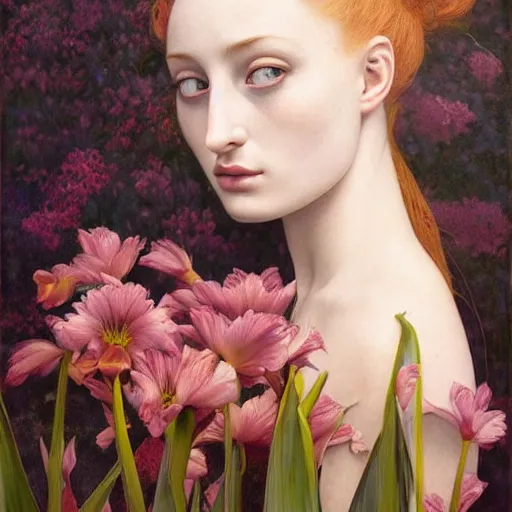 Prompt: sophie turner girl, botanical, yellow tulip, marble white complexion, portrait face, colorful, kupka, intricate, miles johnston, kuroda seiki, ozabu, godward, painterly, yoshitaka amano, moebius, miles johnston, louise zhang, james jean, mark ryden lowbrow pop surrealism art style