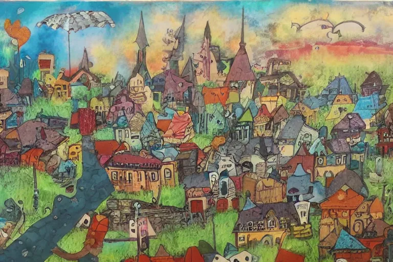 Image similar to a small fantasy town, mixed media on canvas, 2 d, whimsical,