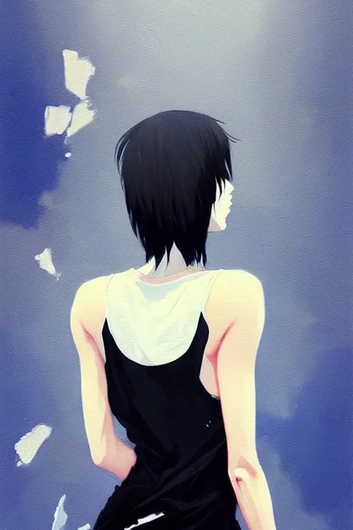 Image similar to a ultradetailed beautiful painting of a stylish woman with a white tank top, she has black wolfcut hair, by conrad roset, greg rutkowski and makoto shinkai trending on artstation