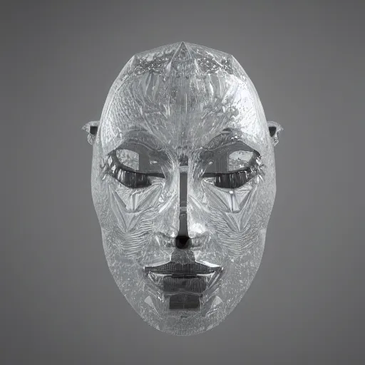 Image similar to drama acting mask shape crystal sculpture, isolate translucent, volumetric light, blooming effect, super details, ultra realistic, 8k octane render, art noveau