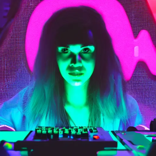 Image similar to grimes on stage djing, volumetric neon lights in the background, gleaming, 3 5 mm photography, portrait!!!!!!, trending on artstation, 4 k, 8 k, zbrush, mannerism