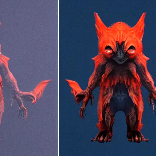 Image similar to front and back character view of scary giant mutant dark blue humanoid bat, glowing red eyes flying above a stormy ocean, sharp teeth, acid leaking from mouth, realistic, giant, bat ears, bat nose, bat claws, bat wings, furred, covered in soft fur, detailed, trending on artstation clean concept art and sheet that using unreal engine 5 render and hyper detailed 3D texture with cinematic software light 85mm f/1.4