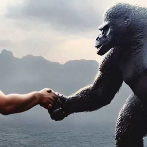 Prompt: Godzilla and Kong handshaking