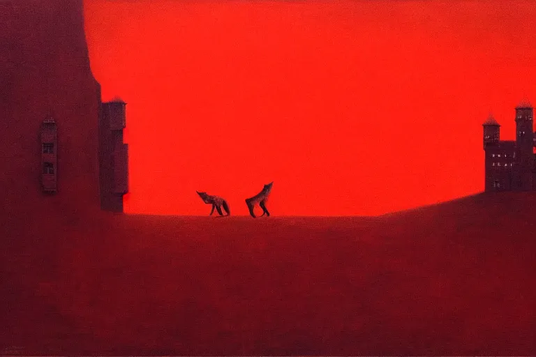 Image similar to only with red, in a red dream world, a crimson tiger, a big deal, a red fox, a castle in the background, in the style of beksinski, part by hopper, part by rodcenko, part by hofbauer, intricate composition, red by caravaggio, insanely quality, highly detailed, masterpiece, red light, artstation