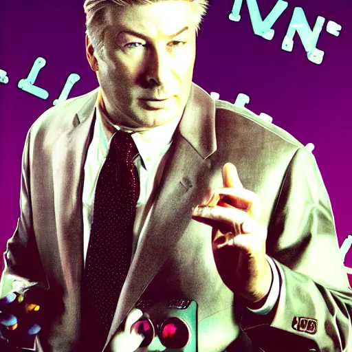 Image similar to retrowave splintered very strange portrait of alec baldwin