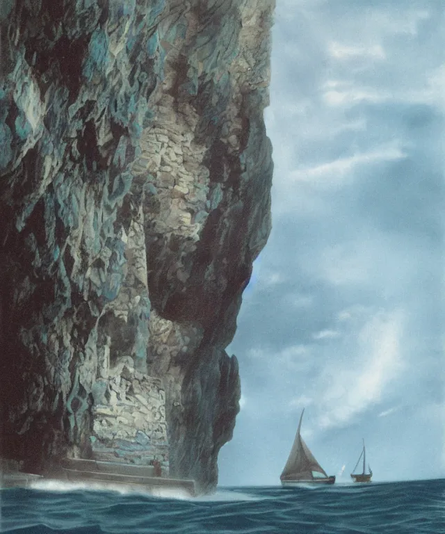 Image similar to photorealistic blue - toned photo of a 1 9 2 5 bay boat sailing near a jamaican cliff with the mouth of a sea cave at the waterline, dark, brooding, atmospheric, lovecraft, horror, smooth, epic, highly detailed, cinematic, by clyde caldwell