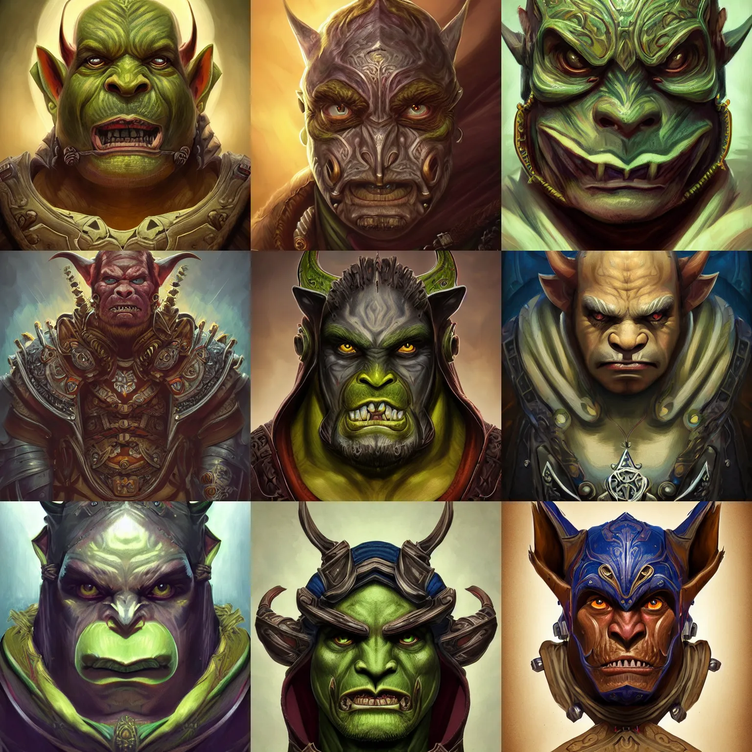 Prompt: head-on symmetrical centered painted portrait, Warcraft male orc goblin rogue, leather armour, art nouveau, fractal tarot card style, masterpiece, fantasy, intricate, elegant, highly detailed, smooth, sharp focus, illustration, artstation, in the style of Artgerm and Anna Podedworna and Alex Ross and Mucha