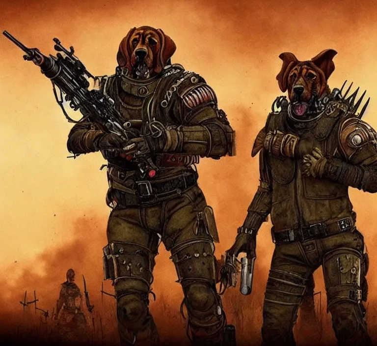 Prompt: a good ol'bloodhound pup fursona ( from the furry fandom ), heavily armed and armored facing down armageddon in a dark and gritty version from the makers of mad max : fury road. witness me.