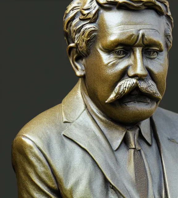 Image similar to a 4 k photorealistic photo medium shot of a bronze statue of a middle aged man with a moustache.