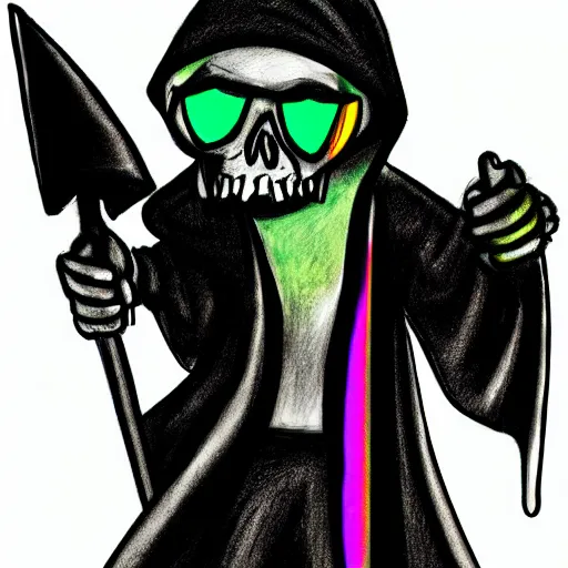 Prompt: sketch of a grim reaper wearing rainbow glasses in random poses