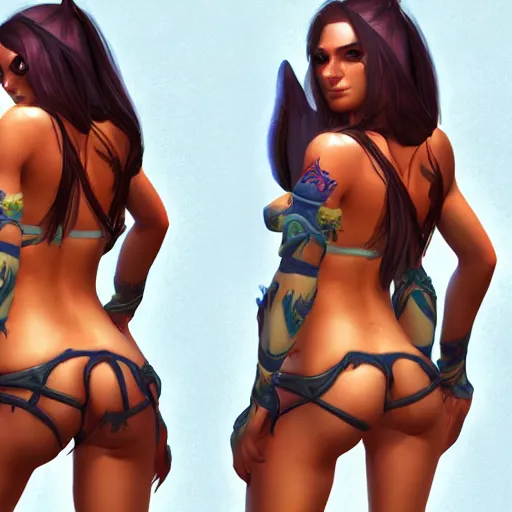 Image similar to pretty girl in a bikini inside of the world of warcraft, artstation, high detail, perfect faces, from rear