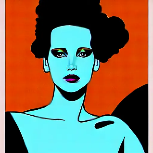 Prompt: jennifer lawrence as the bride of frankenstein, patrick nagel art style